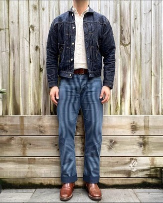 Blue Vertical Striped Jeans Outfits For Men: 