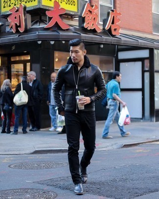 Men's Black Leather Chelsea Boots, Navy Jeans, Black Henley Shirt, Black Leather Harrington Jacket