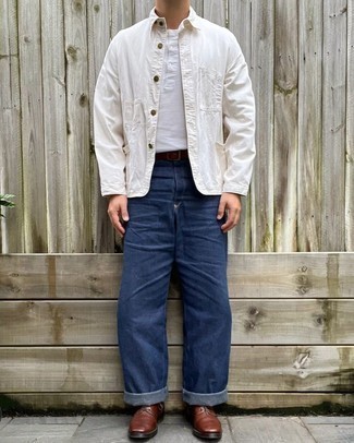 Men's Dark Brown Leather Casual Boots, Navy Jeans, White Henley Shirt, White Shirt Jacket