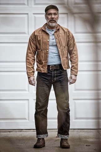 Men's Dark Brown Leather Casual Boots, Charcoal Jeans, Light Blue Henley Shirt, Brown Shirt Jacket