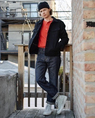 Men's Grey Canvas High Top Sneakers, Navy Jeans, Red Henley Shirt, Black Shirt Jacket