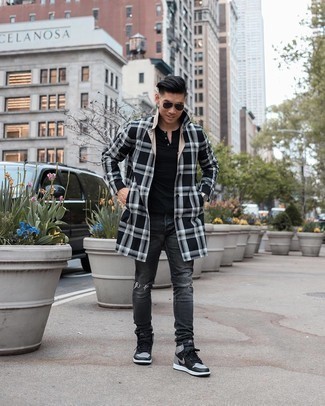 Men's Black Leather High Top Sneakers, Charcoal Ripped Jeans, Black Henley Shirt, Black and White Trenchcoat
