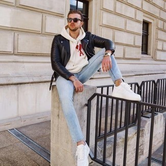 Men's White Canvas Low Top Sneakers, Light Blue Jeans, White and Red Print Hoodie, Black Leather Biker Jacket