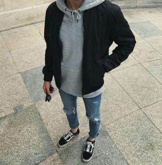 Men's Black and White Canvas Low Top Sneakers, Blue Ripped Jeans, Grey Hoodie, Black Bomber Jacket