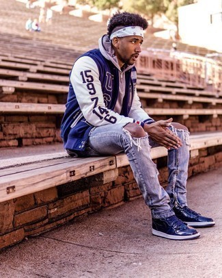 Navy Leather High Top Sneakers Outfits For Men: 
