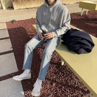 Grey Hoodie with High Top Sneakers Outfits For Men: 