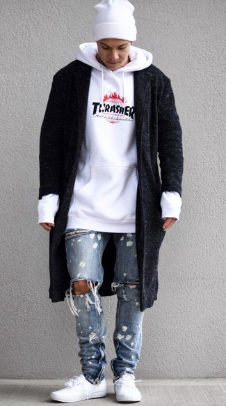 Men's White Low Top Sneakers, Light Blue Ripped Jeans, White Print Hoodie, Black Overcoat