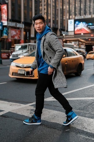 Blue Leather High Top Sneakers Outfits For Men: 