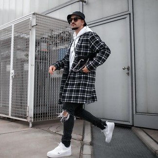 Men's White Canvas Low Top Sneakers, Black Ripped Jeans, White and Black Print Hoodie, Black and White Plaid Overcoat