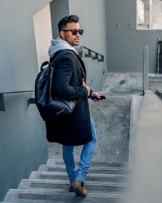 Navy Overcoat with Blue Jeans Outfits: 