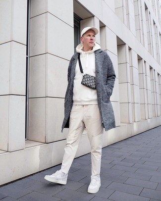 Men's White Leather Low Top Sneakers, Beige Jeans, Beige Hoodie, Charcoal Overcoat