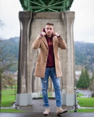 Men's Beige Suede Chelsea Boots, Blue Ripped Jeans, Burgundy Embroidered Hoodie, Camel Overcoat