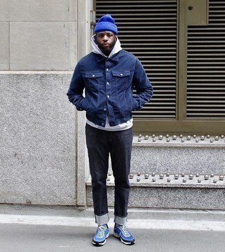 Men's Blue Athletic Shoes, Charcoal Jeans, White Hoodie, Navy Shirt Jacket