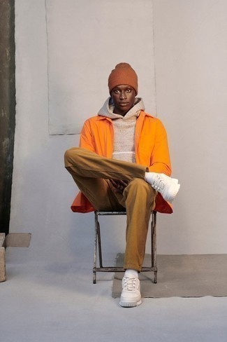 Orange Nylon Shirt Jacket Outfits For Men: 