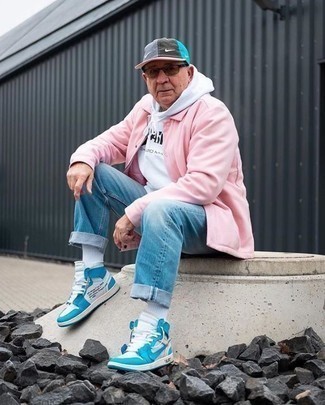 Men's White and Blue Canvas High Top Sneakers, Light Blue Jeans, White and Black Print Hoodie, Pink Shirt Jacket