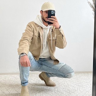 Men's Beige Suede Chelsea Boots, Light Blue Ripped Jeans, White Hoodie, Tan Shirt Jacket