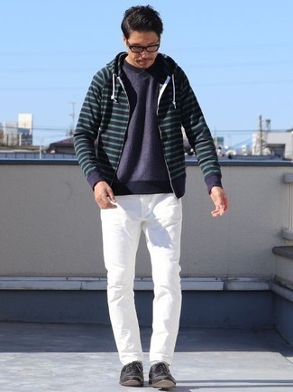 Navy Horizontal Striped Hoodie Outfits For Men: 