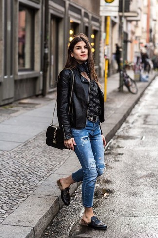 Women's Black Leather Loafers, Blue Ripped Jeans, Black and White Print Long Sleeve Blouse, Black Leather Biker Jacket