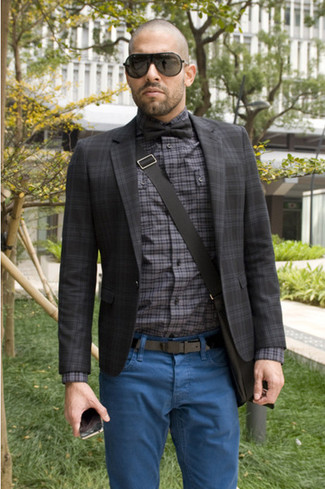 Grey Plaid Blazer Outfits For Men: 
