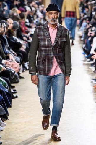 Men's Brown Leather Brogues, Blue Jeans, Pink Long Sleeve Shirt, Burgundy Check Wool Blazer