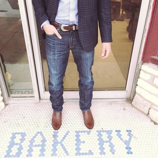 Men's Brown Leather Cowboy Boots, Navy Jeans, Light Blue Horizontal Striped Long Sleeve Shirt, Navy Houndstooth Blazer