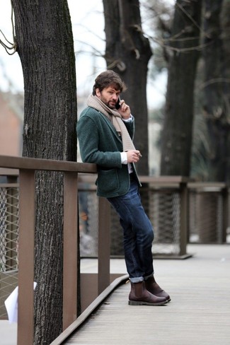 Dark Green Knit Blazer Warm Weather Outfits For Men: 