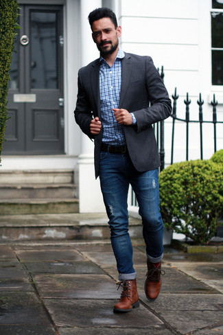 Men's Brown Leather Casual Boots, Blue Ripped Jeans, Light Blue Gingham Long Sleeve Shirt, Charcoal Blazer