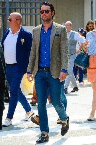 Blue Jeans with Olive Blazer Outfits For Men: 