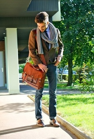 Blue Jeans with Olive Blazer Outfits For Men: 