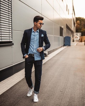 Men's White and Black Canvas Low Top Sneakers, Black Jeans, White and Blue Vertical Striped Long Sleeve Shirt, Navy Blazer
