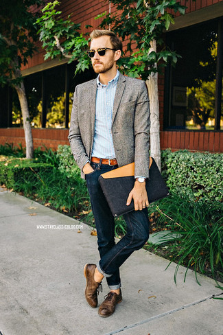 Men's Dark Brown Leather Oxford Shoes, Navy Jeans, Light Blue Vertical Striped Long Sleeve Shirt, Grey Wool Blazer
