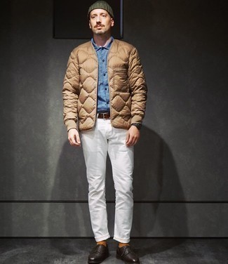 Beige Quilted Bomber Jacket Outfits For Men: 