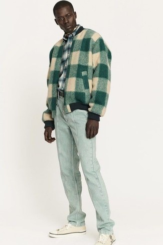 Men's Beige Canvas Low Top Sneakers, Mint Jeans, Light Blue Plaid Flannel Long Sleeve Shirt, Dark Green Check Wool Bomber Jacket