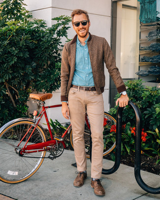 Men's Brown Leather Oxford Shoes, Khaki Jeans, Light Blue Chambray Long Sleeve Shirt, Brown Wool Bomber Jacket