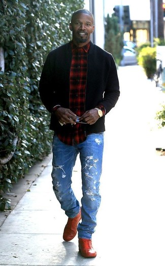 Men's Red Leather High Top Sneakers, Blue Ripped Jeans, Red and Black Plaid Long Sleeve Shirt, Black Bomber Jacket