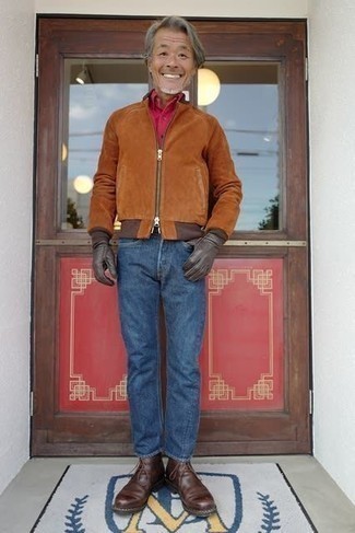 Men's Brown Leather Desert Boots, Blue Jeans, Hot Pink Long Sleeve Shirt, Tobacco Suede Bomber Jacket