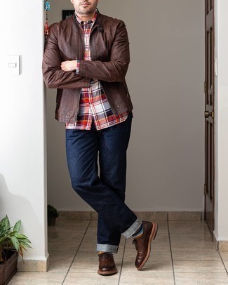Men's Dark Brown Leather Brogues, Navy Jeans, Multi colored Plaid Long Sleeve Shirt, Dark Brown Leather Bomber Jacket