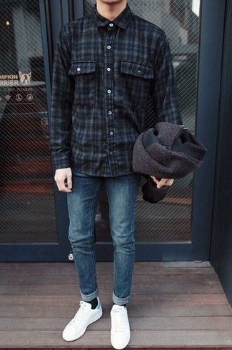Men's White and Green Leather Low Top Sneakers, Blue Jeans, Charcoal Plaid Flannel Long Sleeve Shirt, Dark Brown Wool Bomber Jacket