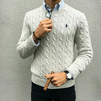 Men's Black Leather Watch, Black Jeans, Light Blue Vertical Striped Long Sleeve Shirt, Grey Cable Sweater