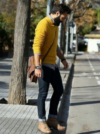 Men's Tan Leather Work Boots, Black Jeans, Navy and White Gingham Long Sleeve Shirt, Yellow Cable Sweater