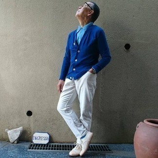 Men's White Canvas Low Top Sneakers, White Jeans, Light Blue Long Sleeve Shirt, Blue Cardigan