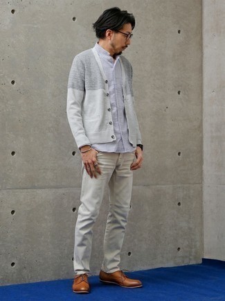 White Horizontal Striped Long Sleeve Shirt Outfits For Men: 