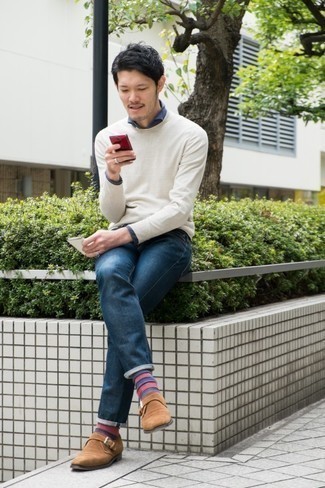 Burgundy Horizontal Striped Socks Outfits For Men: 