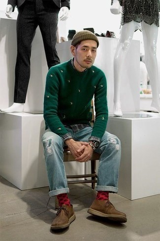 Dark Green Embroidered Crew-neck Sweater Outfits For Men: 