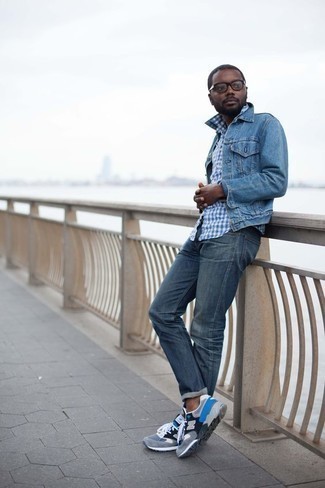 Men's Grey Athletic Shoes, Navy Jeans, White and Blue Gingham Long Sleeve Shirt, Blue Denim Jacket