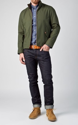Men's Tan Suede Desert Boots, Navy Jeans, Blue Chambray Long Sleeve Shirt, Dark Green Harrington Jacket