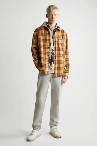 Orange Flannel Long Sleeve Shirt Outfits For Men: 