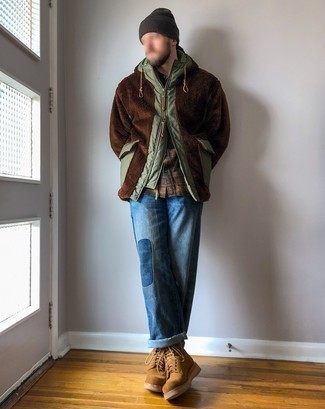 Men's Tan Suede Casual Boots, Blue Patchwork Jeans, Multi colored Plaid Long Sleeve Shirt, Brown Fleece Hoodie