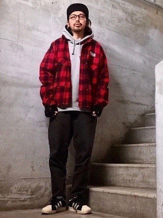 Men's Black and White Canvas Low Top Sneakers, Black Jeans, Red and Black Check Flannel Long Sleeve Shirt, Grey Hoodie