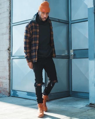 Men's Orange Suede Casual Boots, Black Ripped Jeans, Navy Plaid Long Sleeve Shirt, Black Hoodie